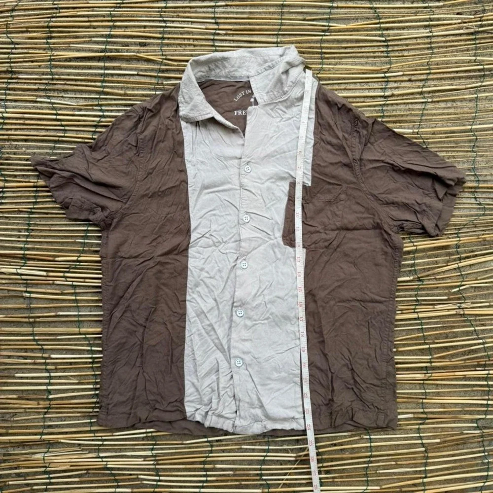 Free Planet Bowling Shirt Mens Size Small Brown Beige Colorblock‎ Short Sleeve